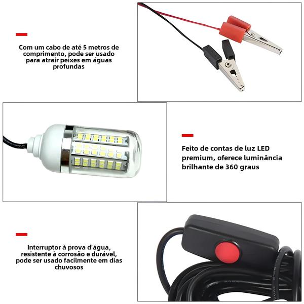 Imagem de Luz de Pesca Subaquática 12V 100W LED - IP68 - 108 LEDs 2835SMD - Atrai Camarões e Lula