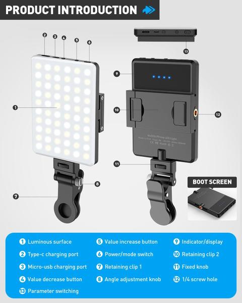 Imagem de Luz de telefone Tizwis 60 LED com clipe frontal e traseiro para iPhone 3000mAh