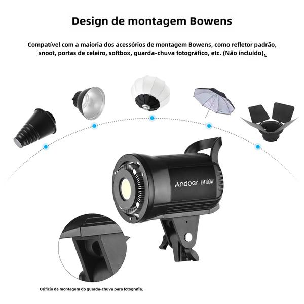 Luz de Vídeo LED 100W 5600K - Regulável, Bowens Mount e Controle Remoto para Transmissão Imagem de Luz de Vídeo LED 100W 5600K - Regulável, Bowens Mount e Controle Remoto para Transmissão