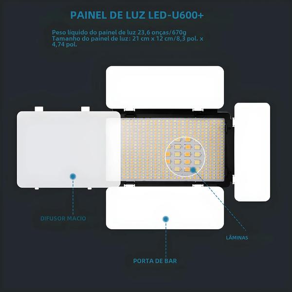Luz de Vídeo LED Bicolor (2500K-8500K) - Regulável, com Tripé e Controle Remoto Imagem de Luz de Vídeo LED Bicolor (2500K-8500K) - Regulável, com Tripé e Controle Remoto