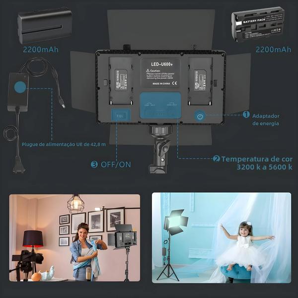 Luz de Vídeo LED Bicolor (2500K-8500K) - Regulável, com Tripé e Controle Remoto Imagem de Luz de Vídeo LED Bicolor (2500K-8500K) - Regulável, com Tripé e Controle Remoto