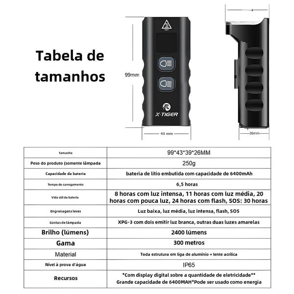 Imagem de Luz Dianteira de Bicicleta Recarregável 6400mAh - 2400lm LED - Farol de Ciclismo