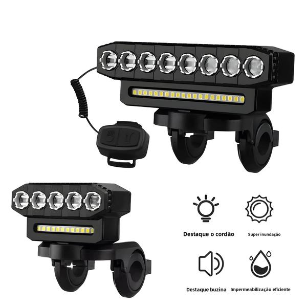 Imagem de Luz Dianteira de Bicicleta Recarregável USB - 8 LEDs, 130dB, 6 Modos