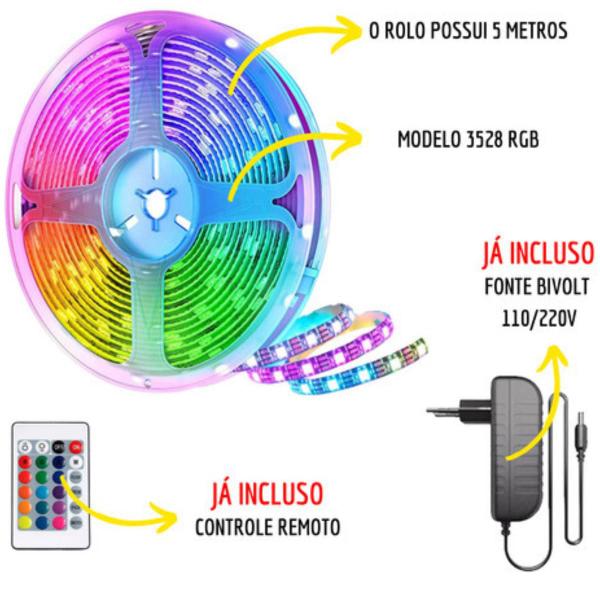 Imagem de Luz Fita Led Colorida 3528 Rgb 15m Alta Luminosidade Bivolt