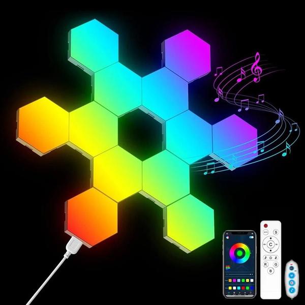 Imagem de Luz Noturna RGB Hexagonal com Bluetooth - Controle Remoto via App para Quarto e Sala de Jogos