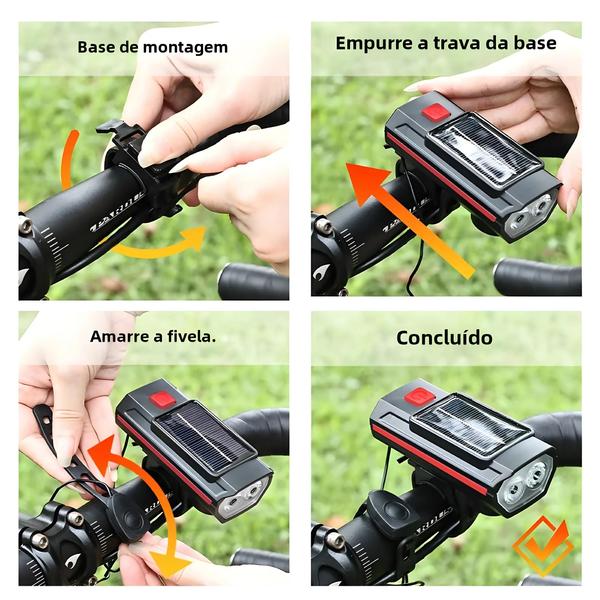 Imagem de Luz Solar Recarregável para Bicicleta com Buzina 120dB - Lanterna Frontal 1200mAh Tipo C