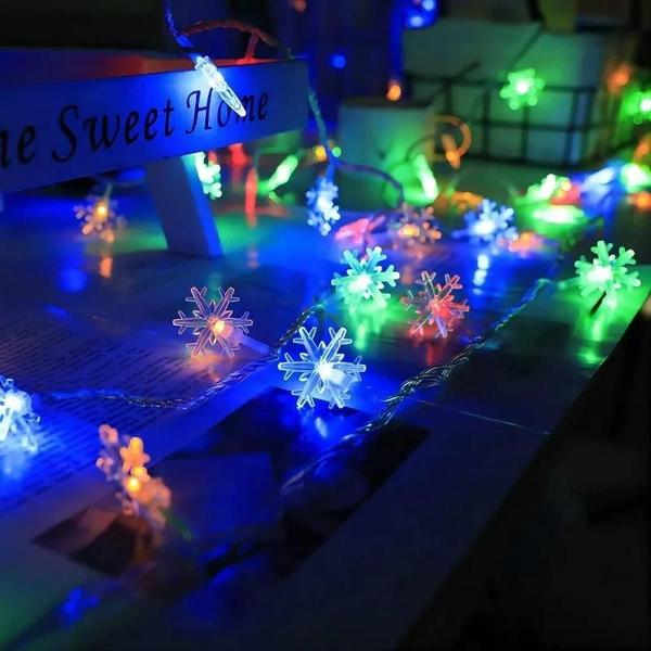 Imagem de Luzes de Corda com Flocos de Neve - 10/20/80 LEDs - USB e Bateria - Decoração de Natal