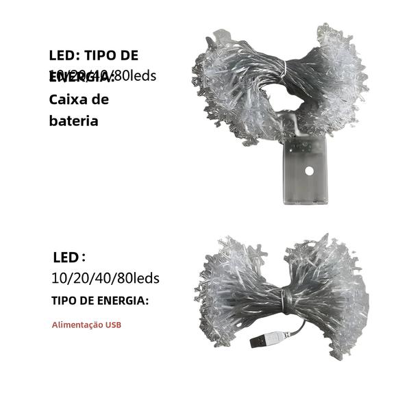 Imagem de Luzes de Corda com Flocos de Neve - 10/20/80 LEDs - USB e Bateria - Decoração de Natal