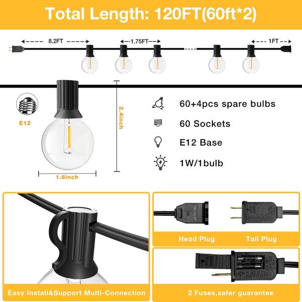 Imagem de Luzes de corda externas GLUROO G40 LED 36mm reguláveis e conectáveis