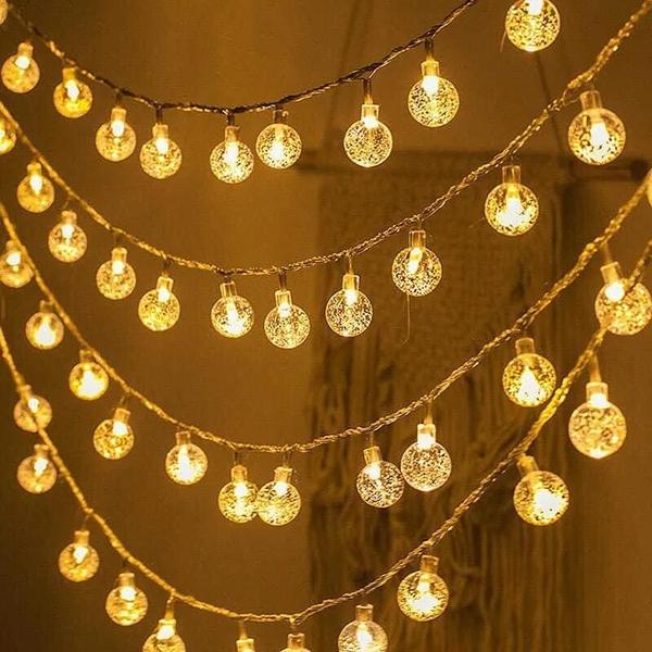 Luzes de Corda LED à Prova D'Água com Bola de Cristal - 20 LEDs para Jardim, Acampamento e Decorações Imagem de Luzes de Corda LED à Prova D'Água com Bola de Cristal - 20 LEDs para Jardim, Acampamento e Decorações