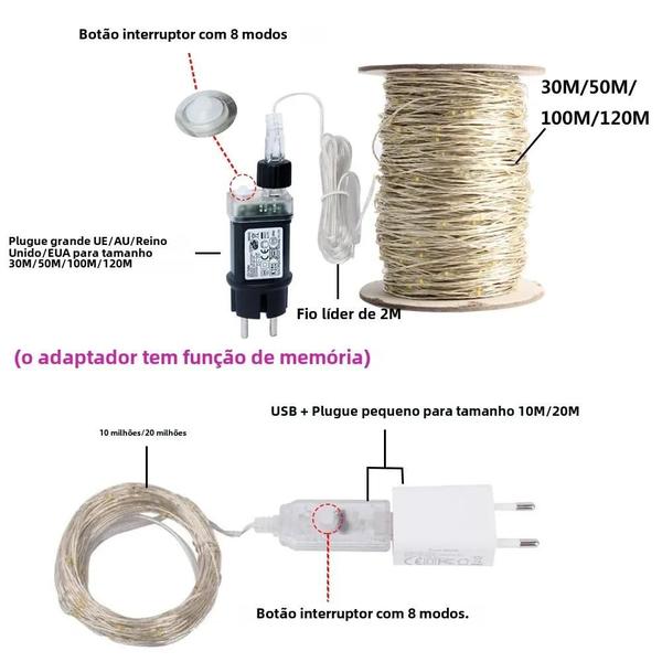 Imagem de Luzes de Corda LED para Exteriores - 50m/100m - Fio de Prata para Natal, Casamento e Ano Novo