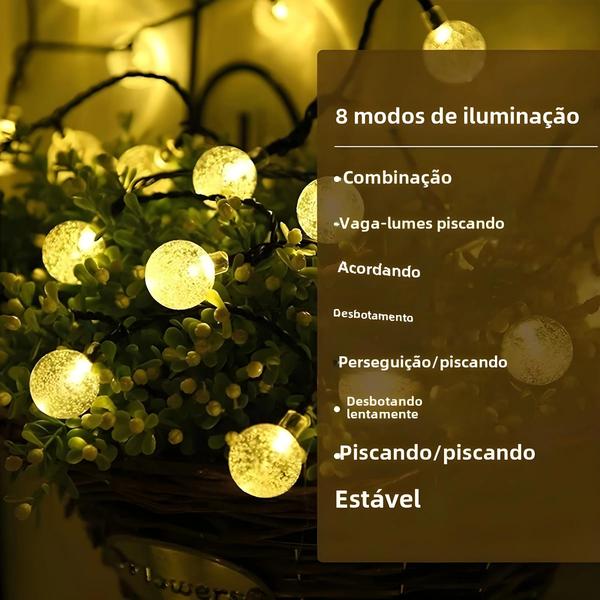 Imagem de Luzes de Corda LED Solar com Cristais - 60 LEDs, 8 Modos, IP65 - Decoração de Natal