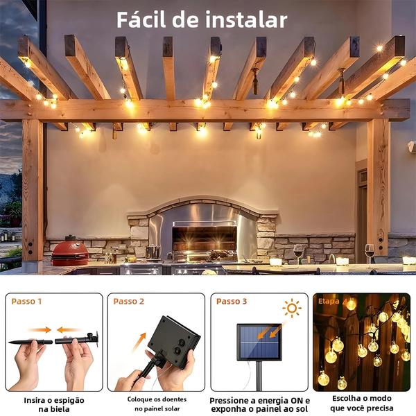 Imagem de Luzes de Corda Solar com 60 LEDs - À Prova D'Água para Jardim - 8 Modos de Iluminação