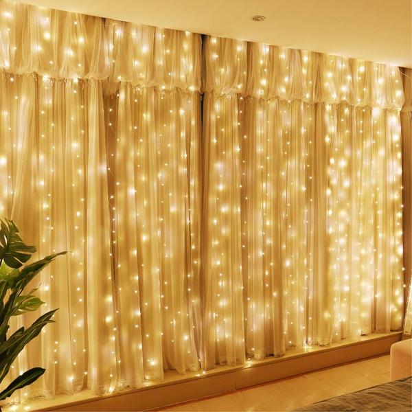 Imagem de Luzes de cortina HXWEIYE 300LED Warm White 3x3m com USB remoto