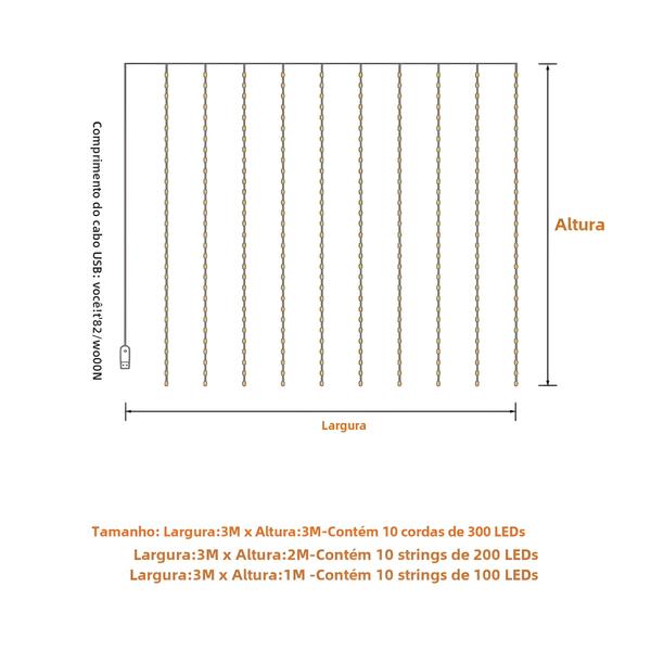 Imagem de Luzes de Cortina LED USB com Controle Remoto - 8 Modos - Ideal para Natal e Ano Novo