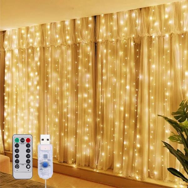 Imagem de Luzes de Cortina LED USB com Controle Remoto - 8 Modos - Ideal para Natal e Ano Novo