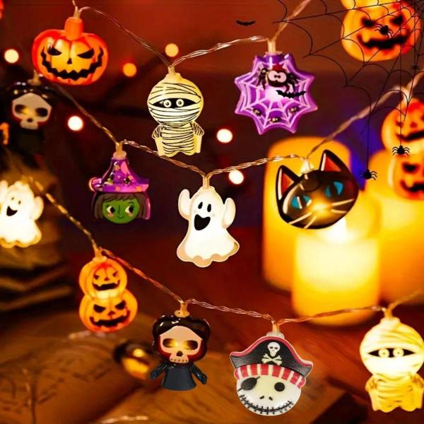 Imagem de Luzes de LED para Halloween - 10/20 Luzes com Bateria - Fantasma, Bruxa, Gato, Abóbora e Teia de Aranha