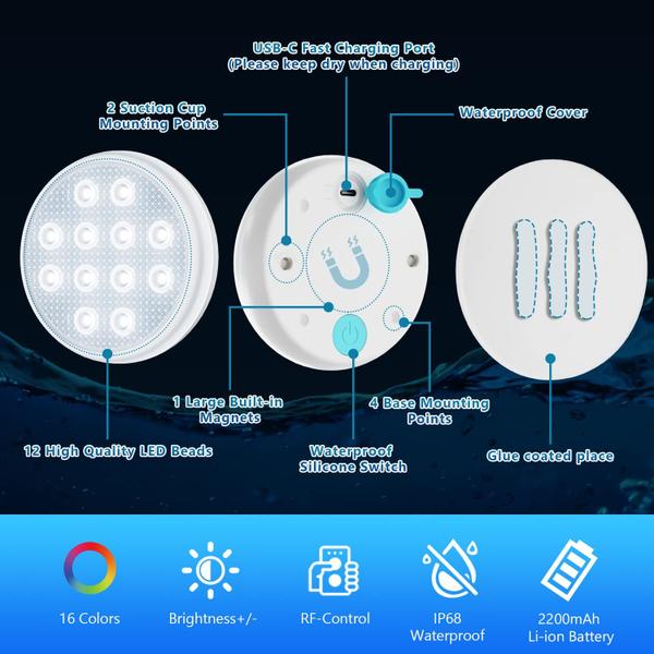 Imagem de Luzes de Piscina LED Recarregáveis QOLNBY - IP68 à Prova D'Água (6 Unidades)