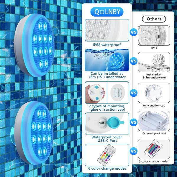 Imagem de Luzes de Piscina LED Recarregáveis QOLNBY - IP68 à Prova D'Água (6 Unidades)