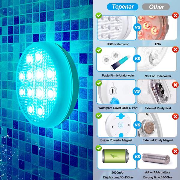 Imagem de Luzes de piscina submersíveis TEPENAR LED recarregável de 16 cores