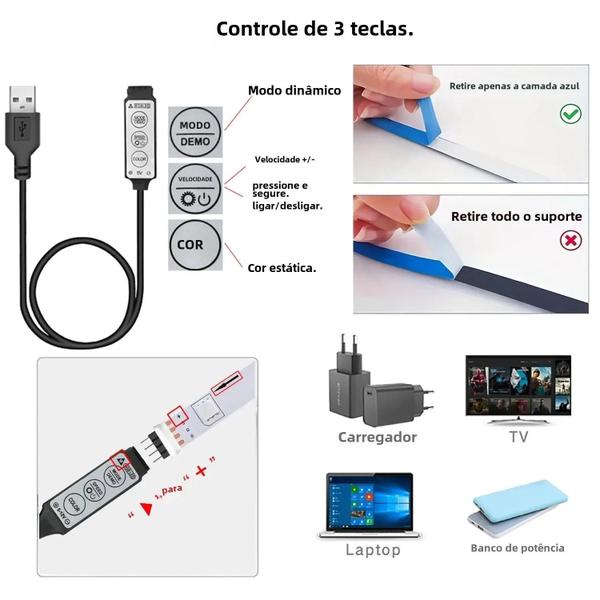 Imagem de Luzes de Tira LED USB 5V com Controle de 3 Teclas - Backlight para TV e Decoração de Festa