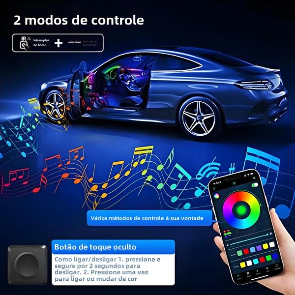 Imagem de Luzes Interiores de Carro RGB com 64 Cores - Tira de LED Universal