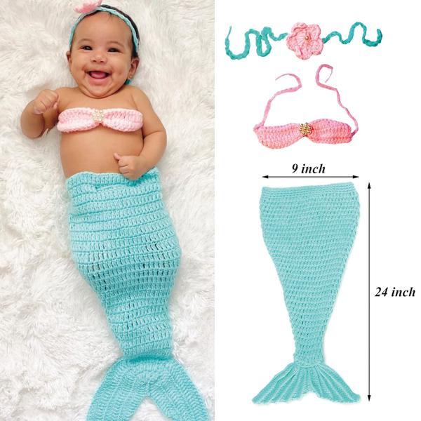 Imagem de M&G House Newborn Photography Prop Mermaid Outfit Baby Photo Props Handmade Crochê Sereia Cauda Roupa Bebê Sereia Fantasia Definir Headband Bra Tail (Aquamarine)