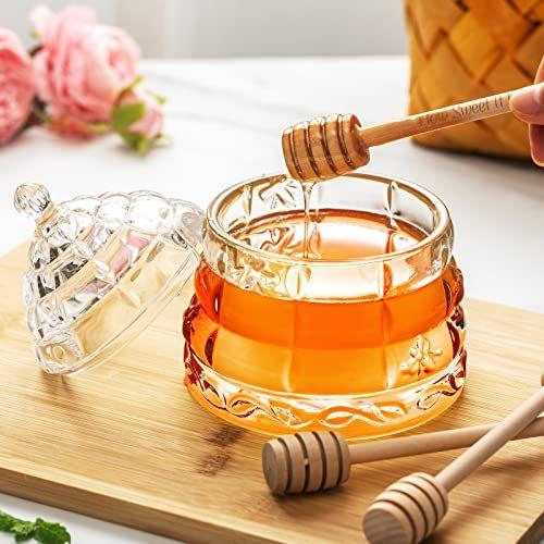 Imagem de M&N Home Beehive Crystal Honey Dish e 3 Dippers, Honey Jar and Dipper Set, Pote de Mel de Pote de Mel de Pote de Mel de Vidro Grande com Tampa e Dippers de Mel de Madeira Inscritos, Dispensador de Mel de Vidro Obrigado Presente para Geleia, Xarope e Mel