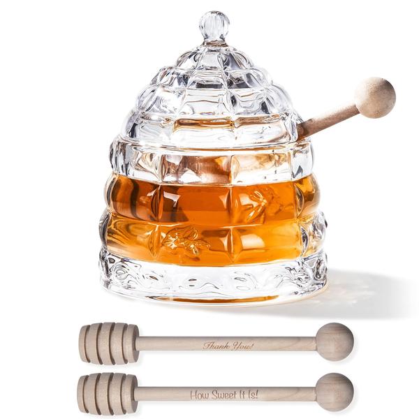 Imagem de M&N Home Beehive Crystal Honey Dish e 3 Dippers, Honey Jar and Dipper Set, Pote de Mel de Pote de Mel de Pote de Mel de Vidro Grande com Tampa e Dippers de Mel de Madeira Inscritos, Dispensador de Mel de Vidro Obrigado Presente para Geleia, Xarope e Mel