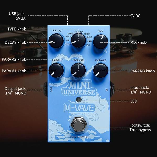 Imagem de M-Vave Pedal De Efeito Universal Reverb Digital 9 Tipos Room/Shimmer/Lofi/Spring Reveb Pedal de Guitarra