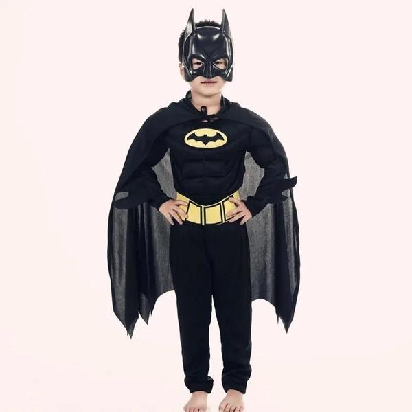 Imagem de Macacão de Cosplay do Batman para Crianças - Traje de Herói com Máscara e Capa para Festa