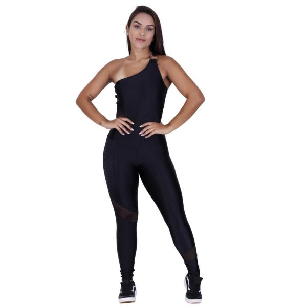 Imagem de Macacão Fitness Feminino Cirre 3D Recortes Tela Bolso Uma Lateral Bojo Orbis