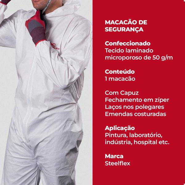 Imagem de Macacão Segurança Descartável TNT Branco Pintura Laboratório Química EPI Steelflex Tipo Tyvek C/ CA