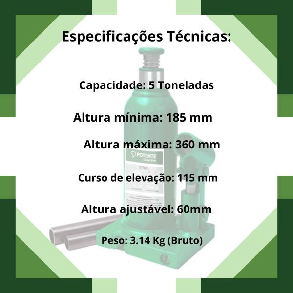 Imagem de Macaco Hidráulico Garrafa Greenline GAR05GL - Potente Brasil