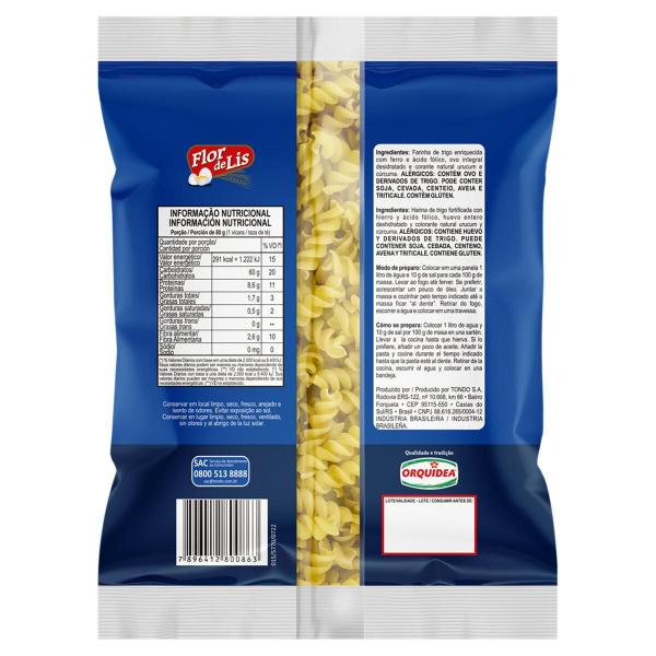 Macarrão Com Ovos Parafuso Flor De Lis Pacote 500G - Flor de Liz Imagem de Macarrão Com Ovos Parafuso Flor De Lis Pacote 500G