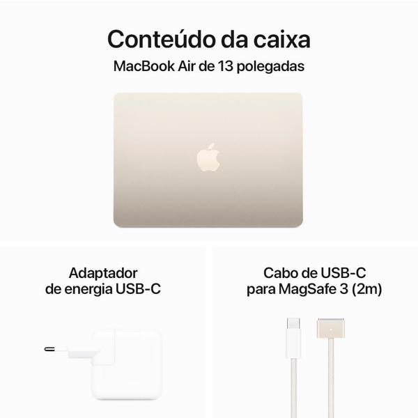 Imagem de MacBook Air Apple 13", M3, CPU de 8 Núcleos, GPU de 8 Núcleos, 8GB RAM, SSD 256GB, Estelar - MRXT3BZ/A