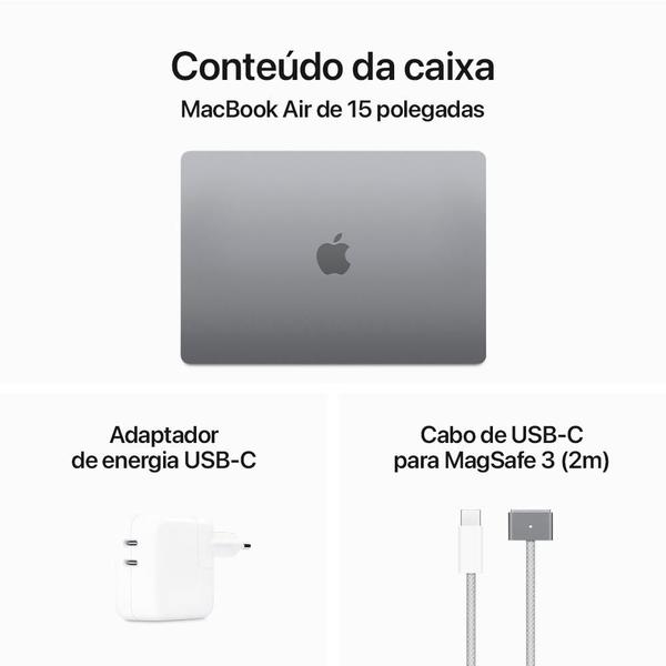 Imagem de MacBook Air Apple 15", M3, CPU de 8 Núcleos, GPU de 10 Núcleos, 8GB RAM, SSD 512GB, Cinza-espacial - MRYN3BZ/A