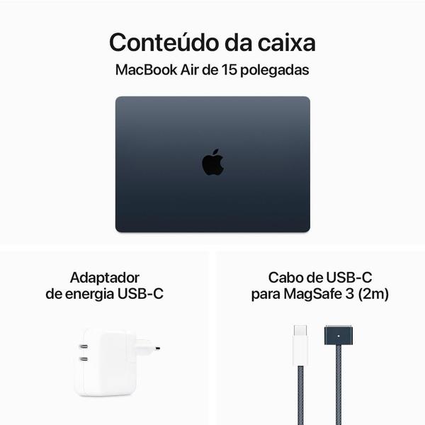 Imagem de MacBook Air Apple 15", M3, CPU de 8 Núcleos, GPU de 10 Núcleos, 8GB RAM, SSD 512GB, Meia-noite - MRYV3BZ/A