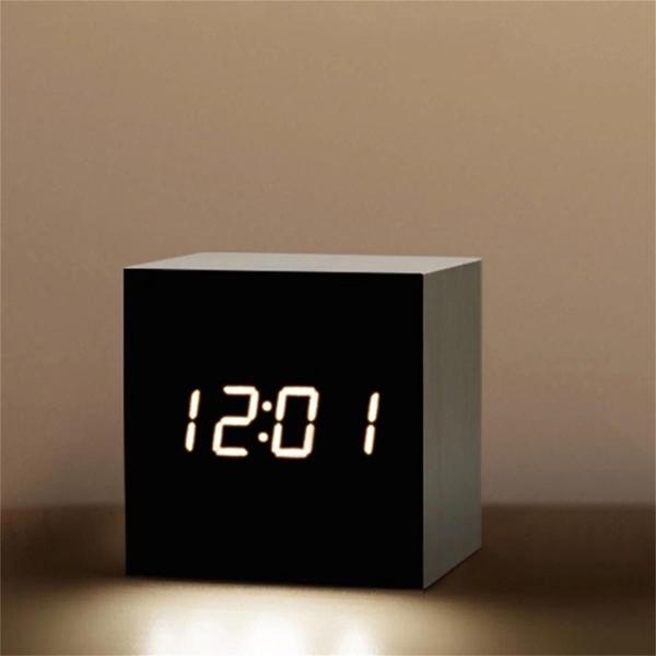 Imagem de Madeira Retro Quadrado Digital Led Despertador Controle De Voz Função Snooze Decoração De Mesa De