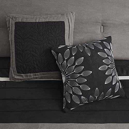 Imagem de Madison Park Palmer Comforter Set - Faux Suede Design, Striped Accent, All Season Down Alternative Bedding, Matching Shams, Almofada Decorativa, Saia de Cama, Queen (90 in x 90 in), Preto 7 Peças