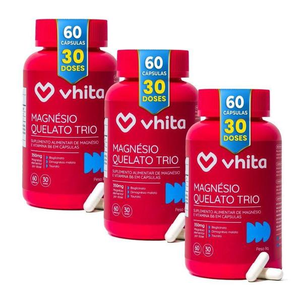 Magnésio Dimalato Quelato, Taurato e Bisglicinato 3 em 1 com Vitamina B6 350mg Vhita, 3 potes com 60 cápsulas