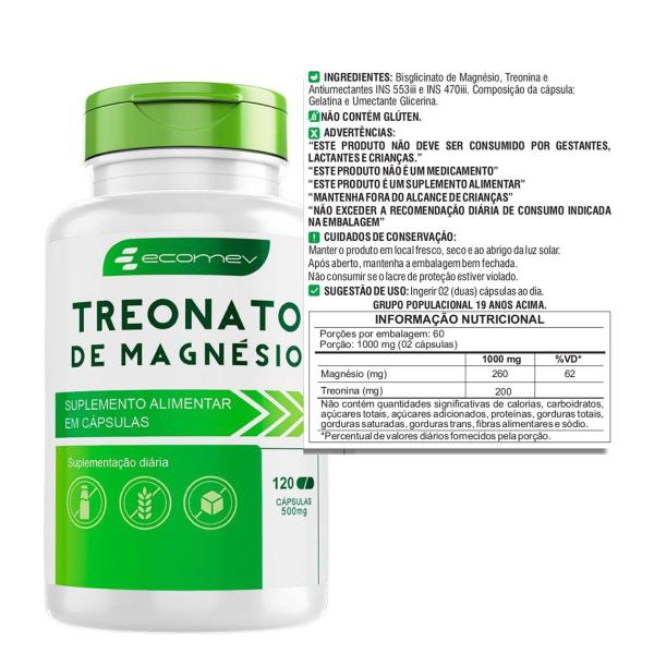 Imagem de Magnesio Treonato Puro Concentrado Premium 500mg 120 Cápsulas Ecomev