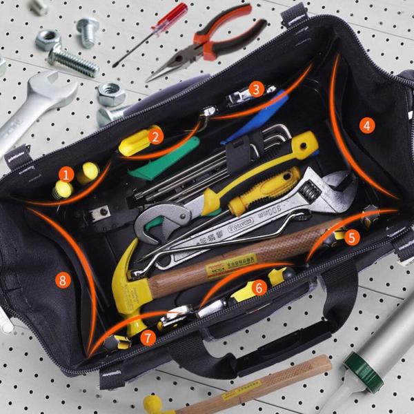 Mala de ferramentas reforçada com fundo emborrachado e 14 bolsos para pedreiro - Tempo Real Imagem de Mala de ferramentas reforçada com fundo emborrachado e 14 bolsos para pedreiro