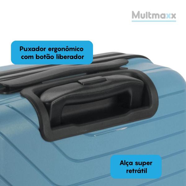 Imagem de Mala de Viagem em Polipropileno com 4 Rodinhas 360º Rígida Leve Azul 10Kg Multmaxx com Senha e Cadeado Azul