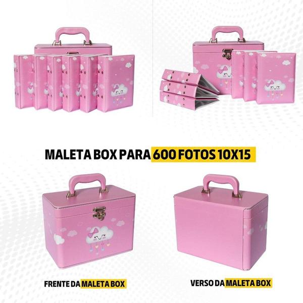 Imagem de Maleta Box 10x15 600 fotos 6 Álbuns Fotográficos CHUVA DE AMOR ROSA Nuvem Bençãos Bebê