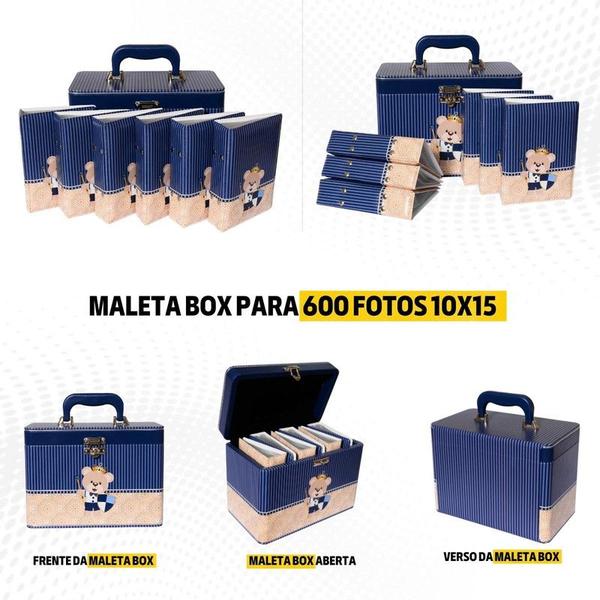 Imagem de Maleta Box 10x15 600 fotos 6 Álbuns Fotográficos URSO ESCUDO Azul Coroa Principe Bebê