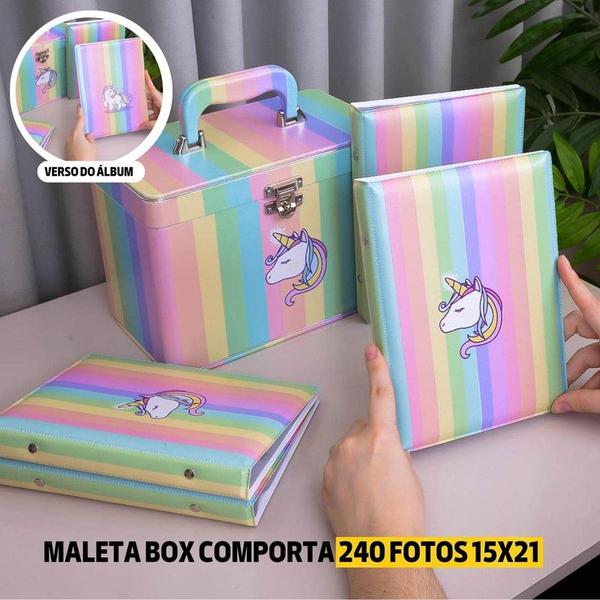 Imagem de Maleta Box 15x21 UNICÓRNIO COLORIDO com 4 álbuns fotográficos 240 fotos Bebê Infantil Jovem