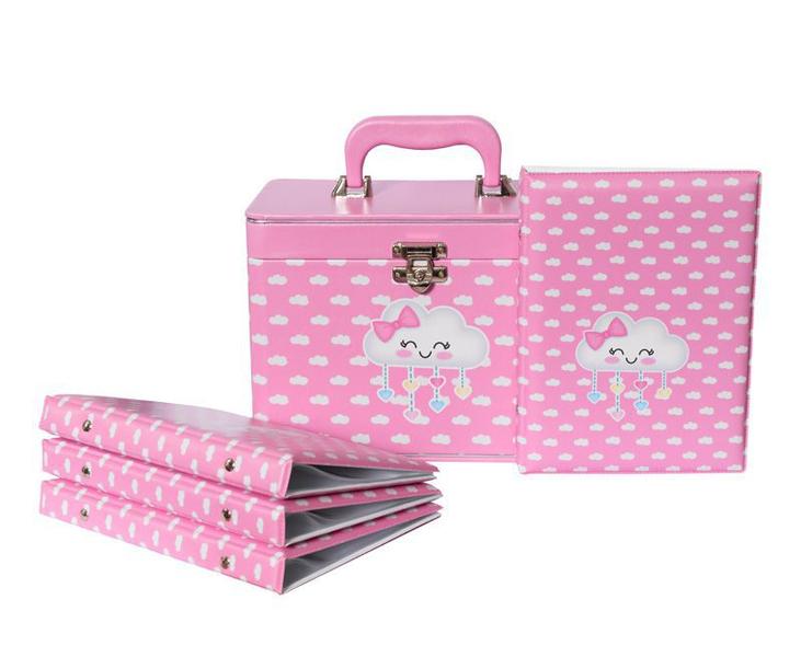 Imagem de Maleta Box com 4 Álbuns Fotográficos 240 fotos 15x21 NUVEM ROSA Bebê Infantil Chuva de amor Bençãos