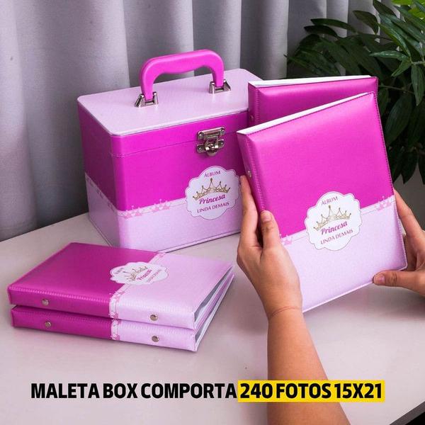 Imagem de Maleta Box PRINCESA LINDA DEMAIS com 4 álbuns fotográficos 240 fotos 15x21 Rosa bebê infantil