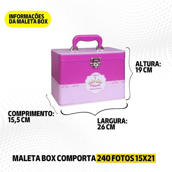 Imagem de Maleta Box PRINCESA LINDA DEMAIS com 4 álbuns fotográficos 240 fotos 15x21 Rosa bebê infantil